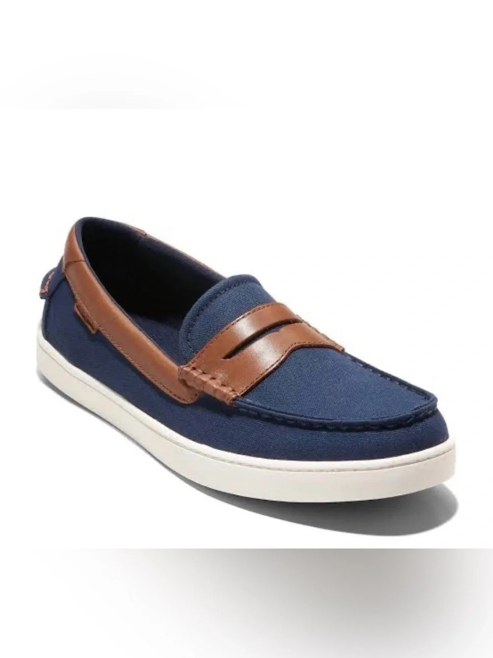 Cole Haan Grand.OS Blue Canvas Brown Leather Penny Loafer Driver Shoes Men 9.5 M